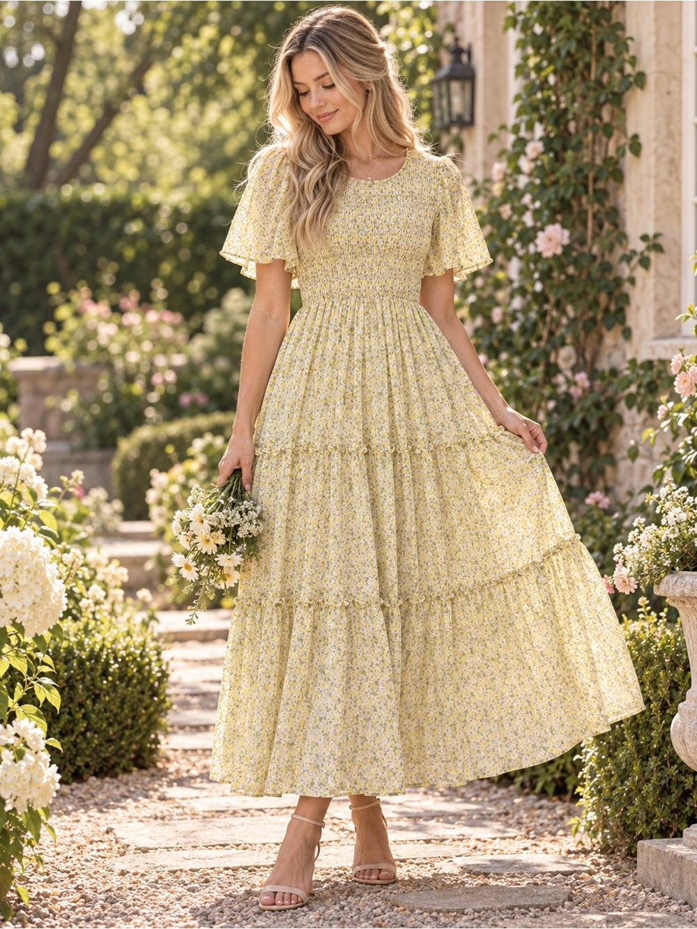 In Loom Yellow Floral Smocked Flutter Sleeve Tiered Maxi Dress S